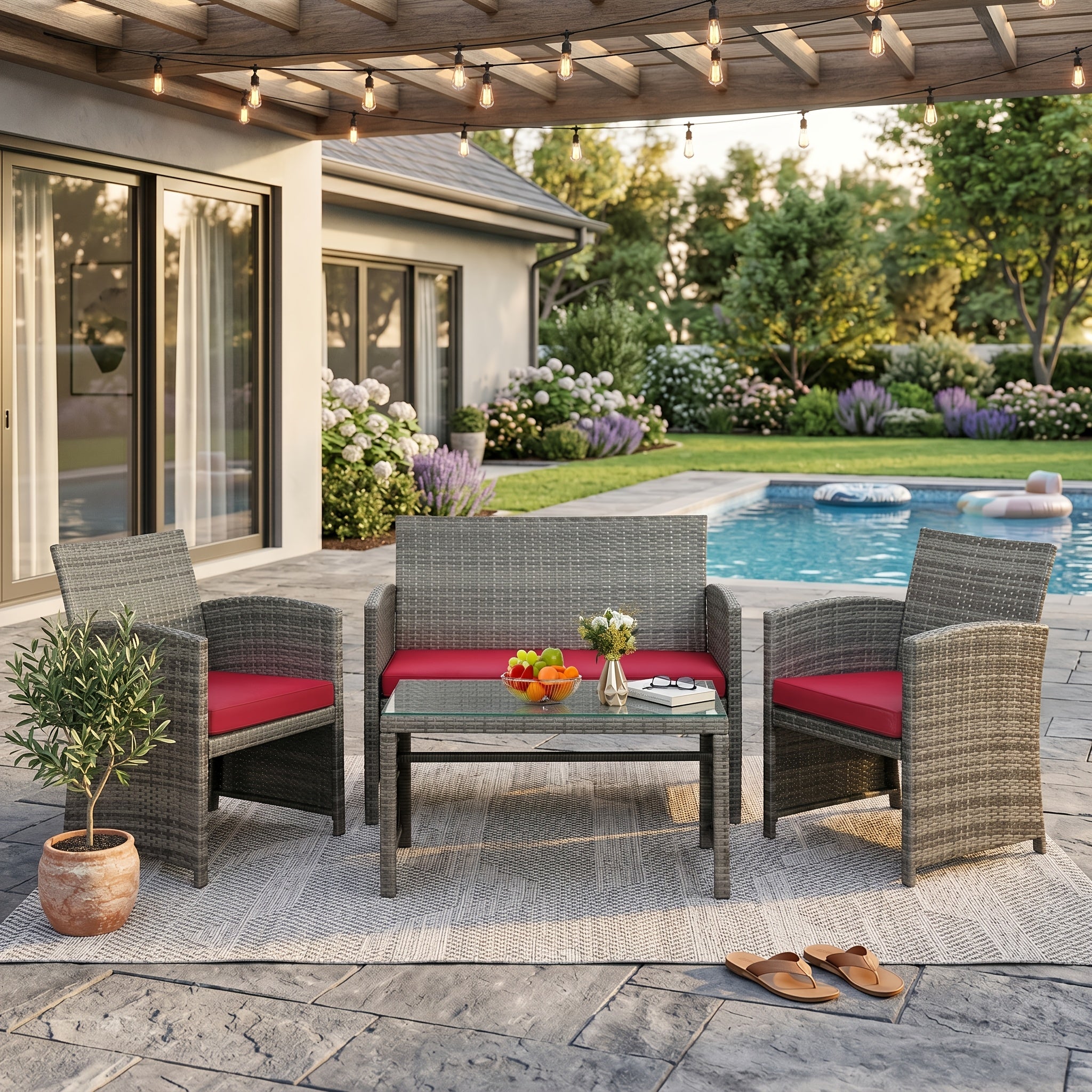 [Rattan Chat Set] SUNLEI 4pcs Rattan Chat Set for Outdoors, Featuring a Tempered Glass Coffee Table, Comfortable Cushions, And Rattan Chairs Ideal for Gardens, Backyards, And Pool Areas