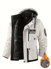 Men's Heavy-Duty Winter Padded Jacket with Detachable Hood & Vest-like Zippered Pockets - Full-Zip Outdoor Coat, Golden-Tone 3D Logo, -Filled Casual for Skiing,, Cold Weather (Warm Coat)