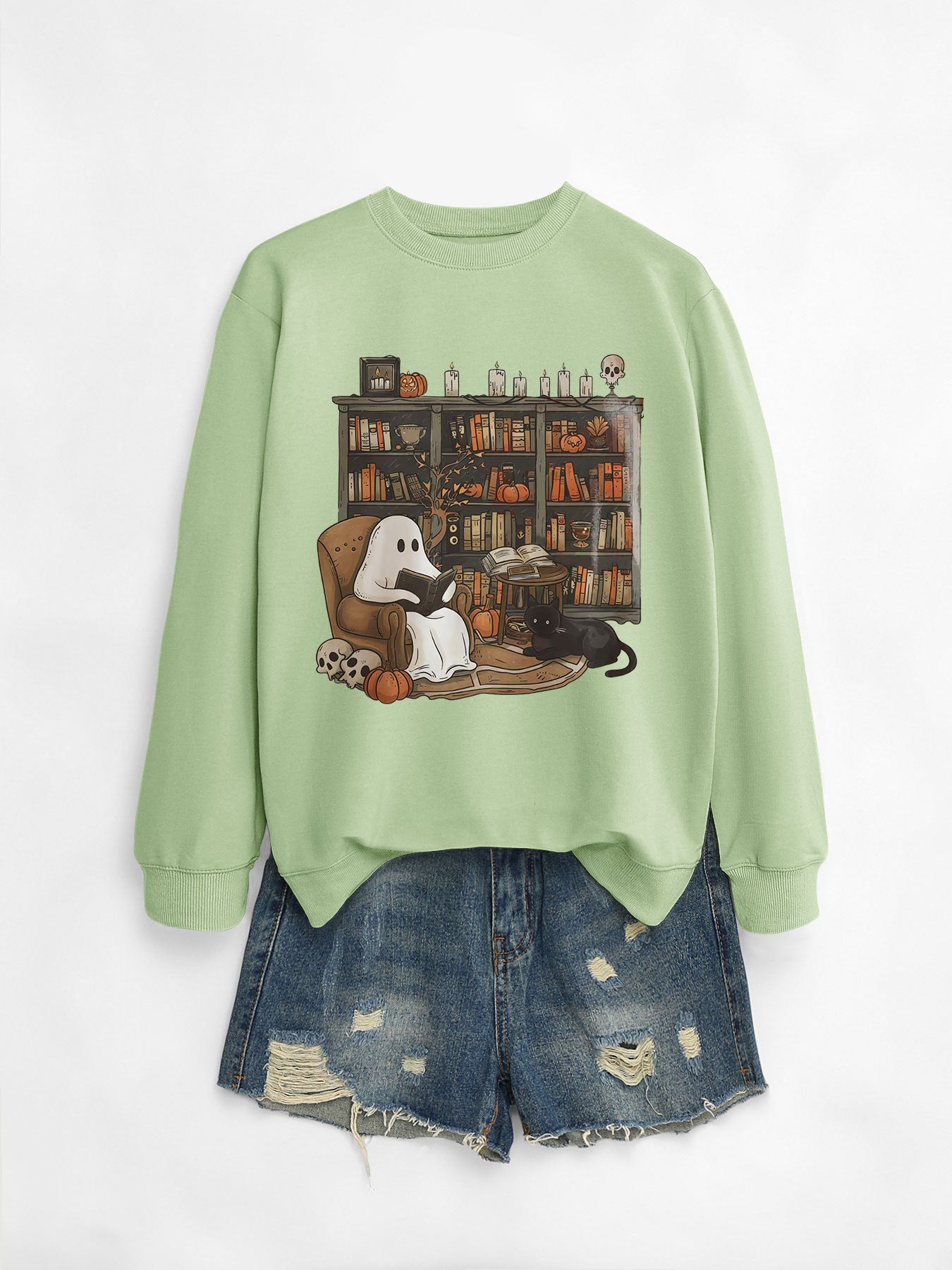 Cozy Black Cat Bookshelf Halloween Sweatshirt