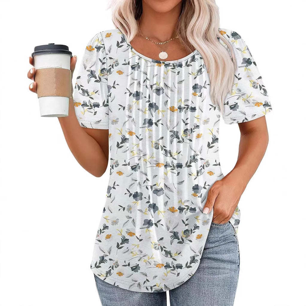 Floral Pleated T-Shirt – Short‑Sleeve, Fresh & Sweet Print