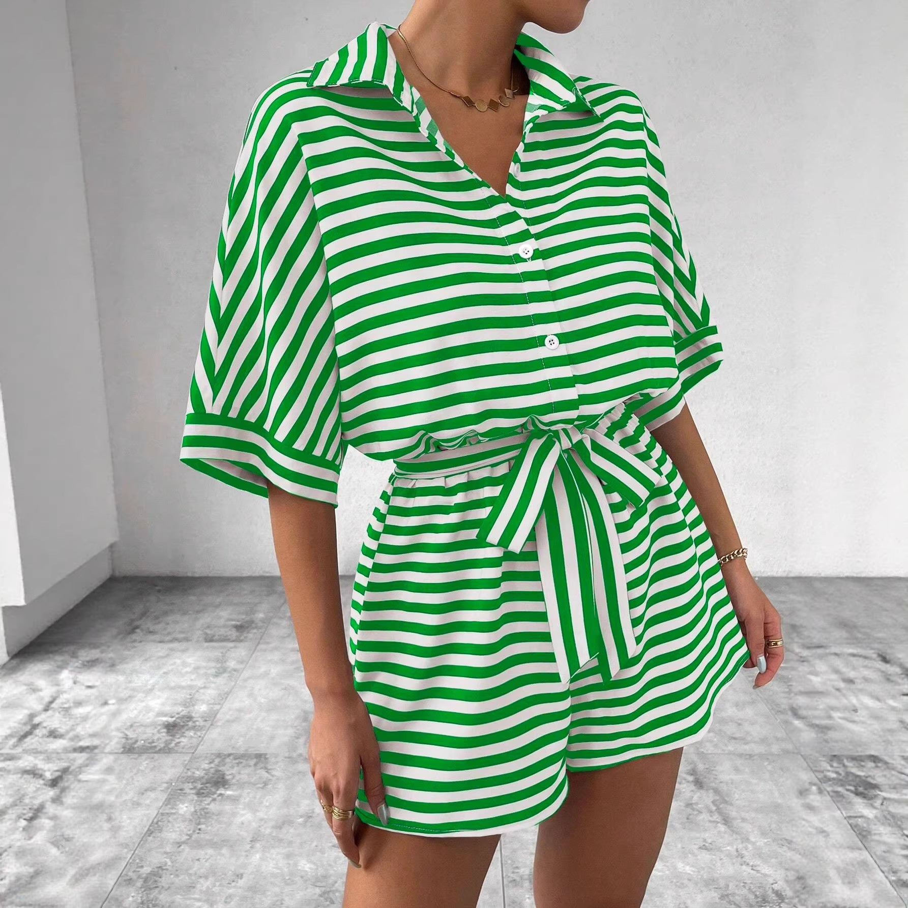 Women's Mid-Sleeve Color-Block Jumpsuit with Belt