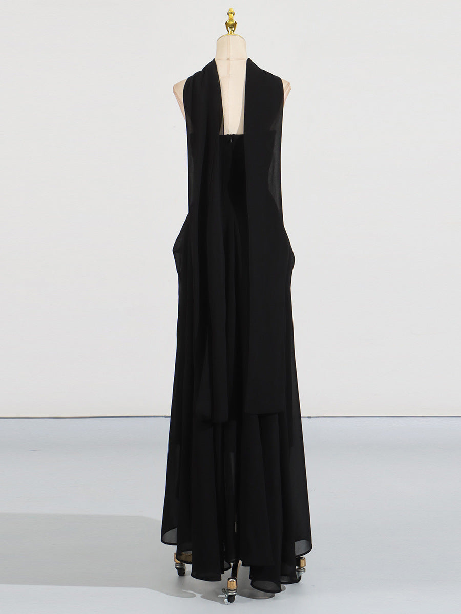 Black Lace Twist-Waist Midi Evening Dress