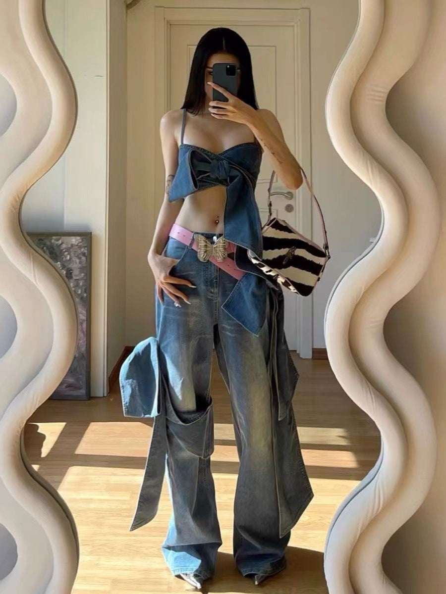 Sexy Bow Tie Denim Crop Top & Ultra Short Set