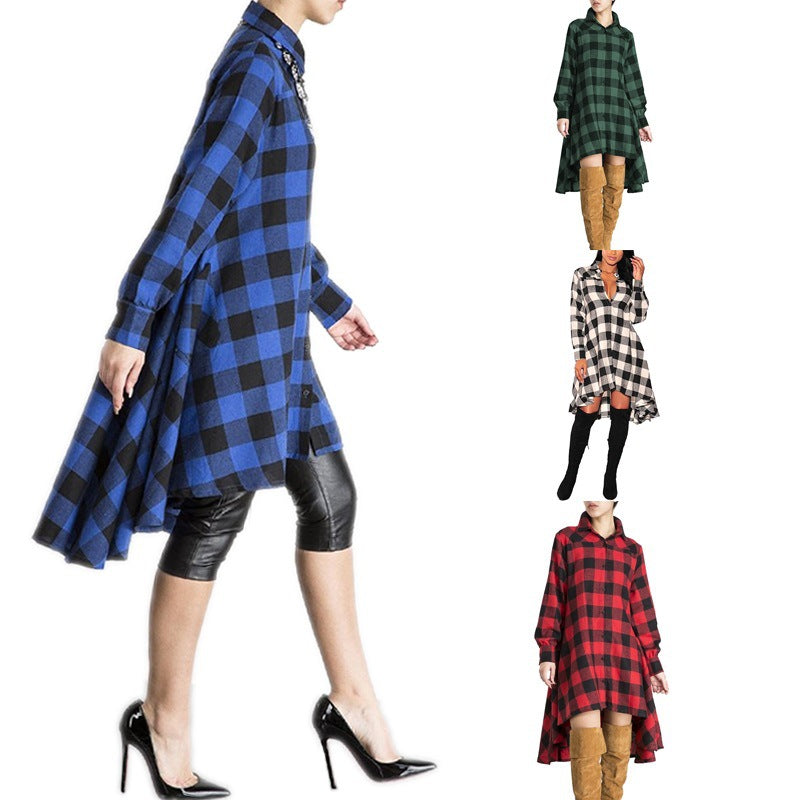 Boyfriend Style Casual Pocket Long Sleeve Plaid Polo Shirt Irregular Coat