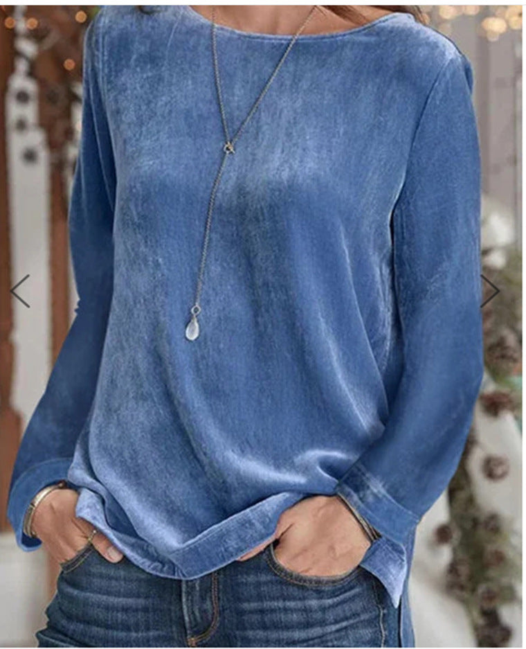 Cozy Solid Velvet Long Sleeve Pullover Sweater
