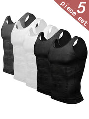 5-Pack Men'S Compression Shirts - Tummy Control Waist Trainer Vest, Sleeveless Body Shaper with Neoprene Filler, Medium Stretch Athletic Base Layer for Workout & Casual Wear, Ruched Design for Enha...
