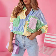 Elegant Multi-Color Patchwork Striped Shirt Long-Sleeve Lapel Top