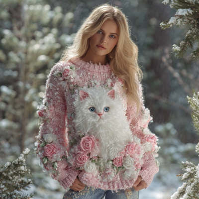 Womens Loose-fitting Pullover Sweater with a Round Neck and Floral Print