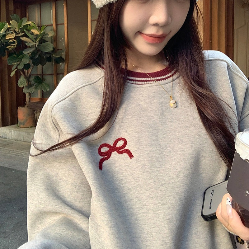 Korean Style Fleece-lined Embroidered Bow Round Neck Sweater For Women