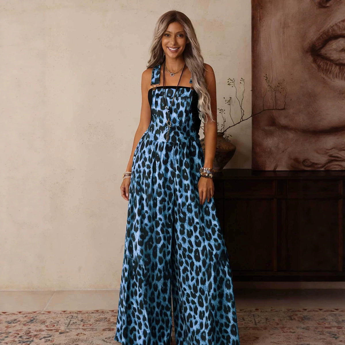 Women's Leopard Wide-Leg Casual Jumpsuit