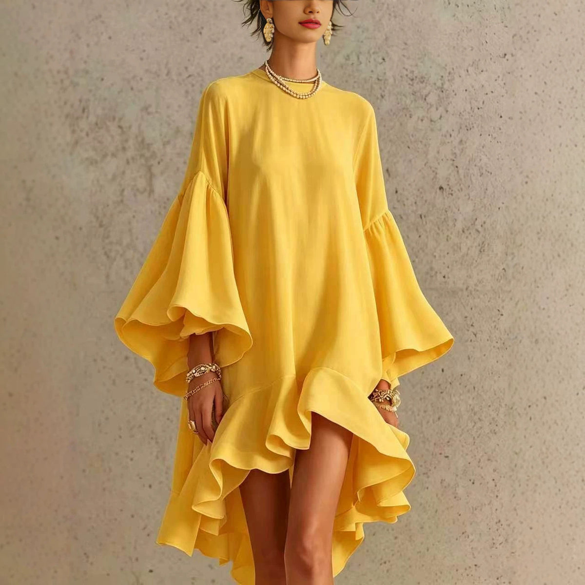Asymmetrical Round-neck Dress with Puff Sleeves and Ruffled Trim