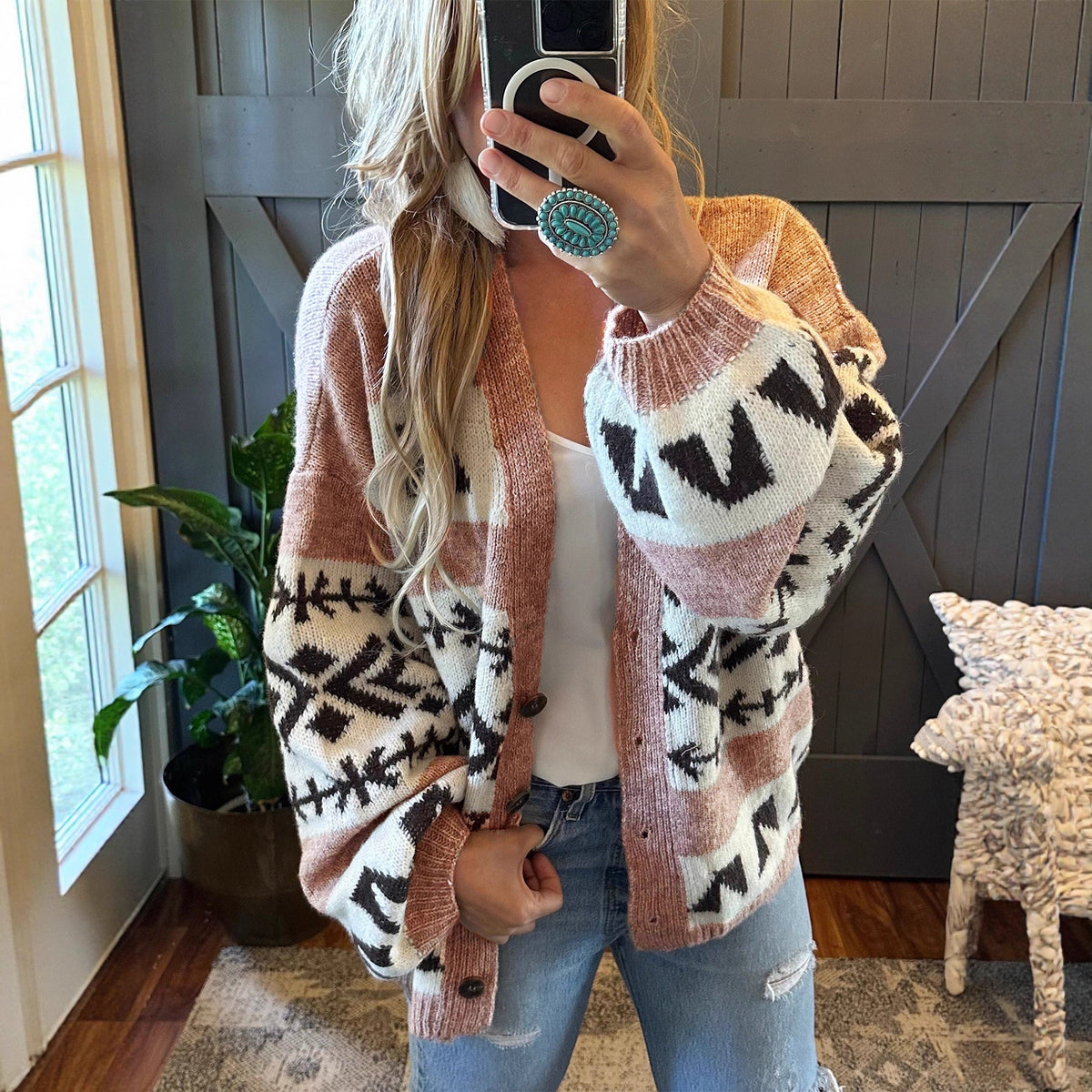 Loose and Lazy Style Jacquard Contrast Color Outerwear Knitted Cardigan Sweater