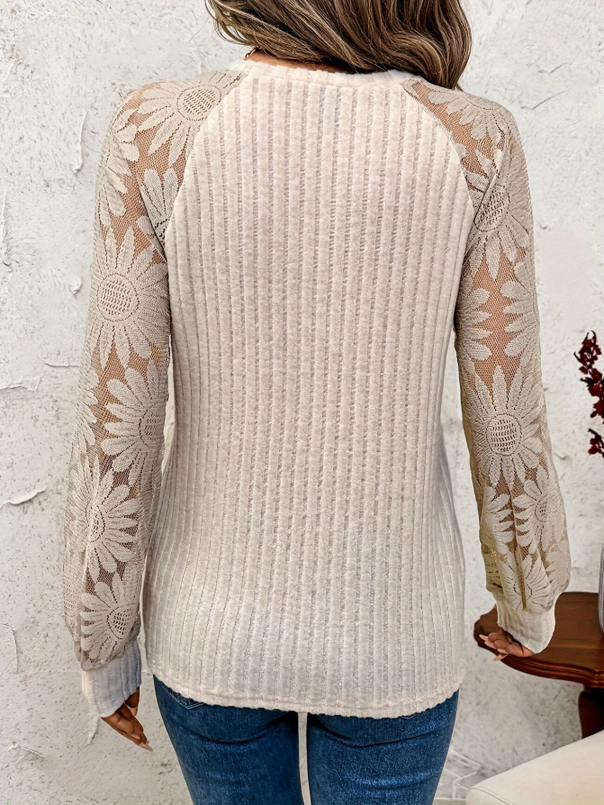 Round Neck Hollow Out Pullover Lace Stitching Long Sleeve Top