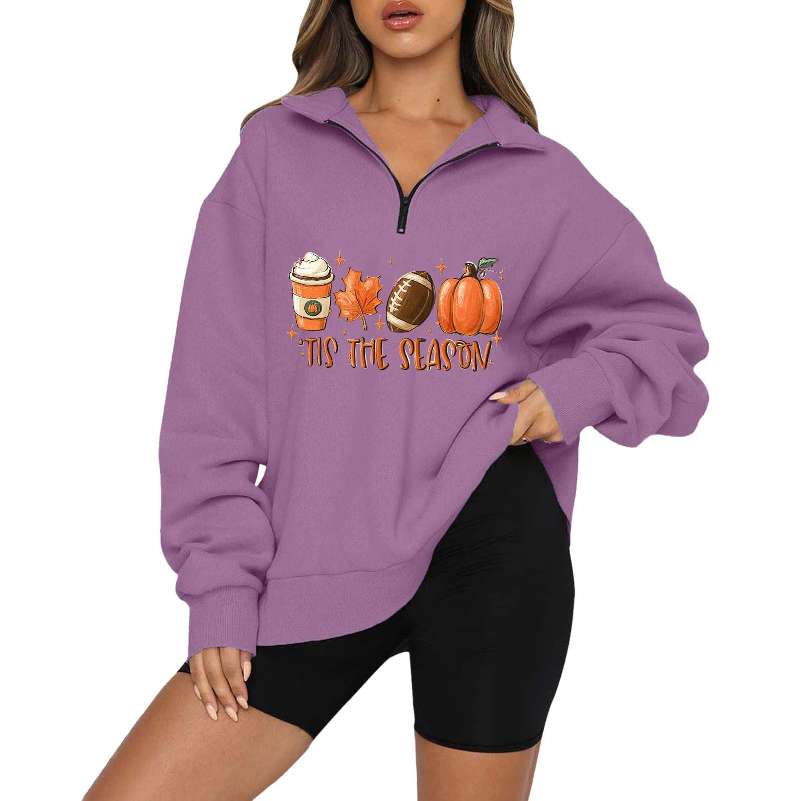 Halloween Pumpkin Print Casual Zipper Sweatshirt