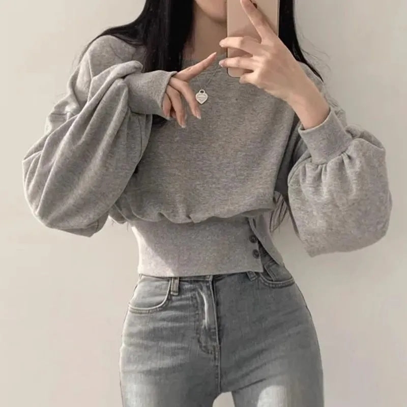 Cropped Button Long Sleeve Sweatshirt for Women