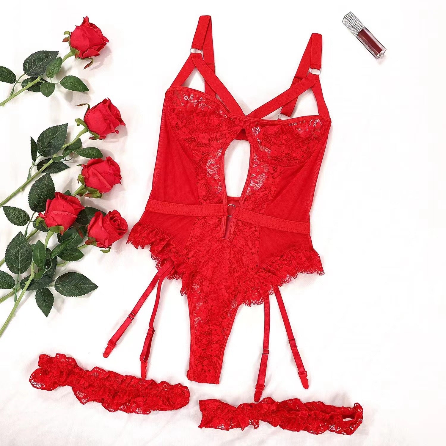 Sexy 3-Piece Lace Bodysuit Lingerie Set