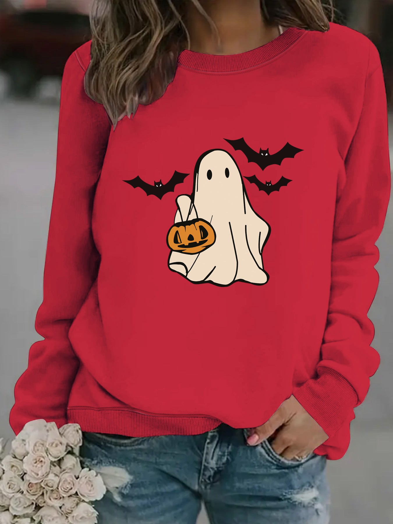 Spooky Cute Ghost Print Halloween Pullover Sweatshirt