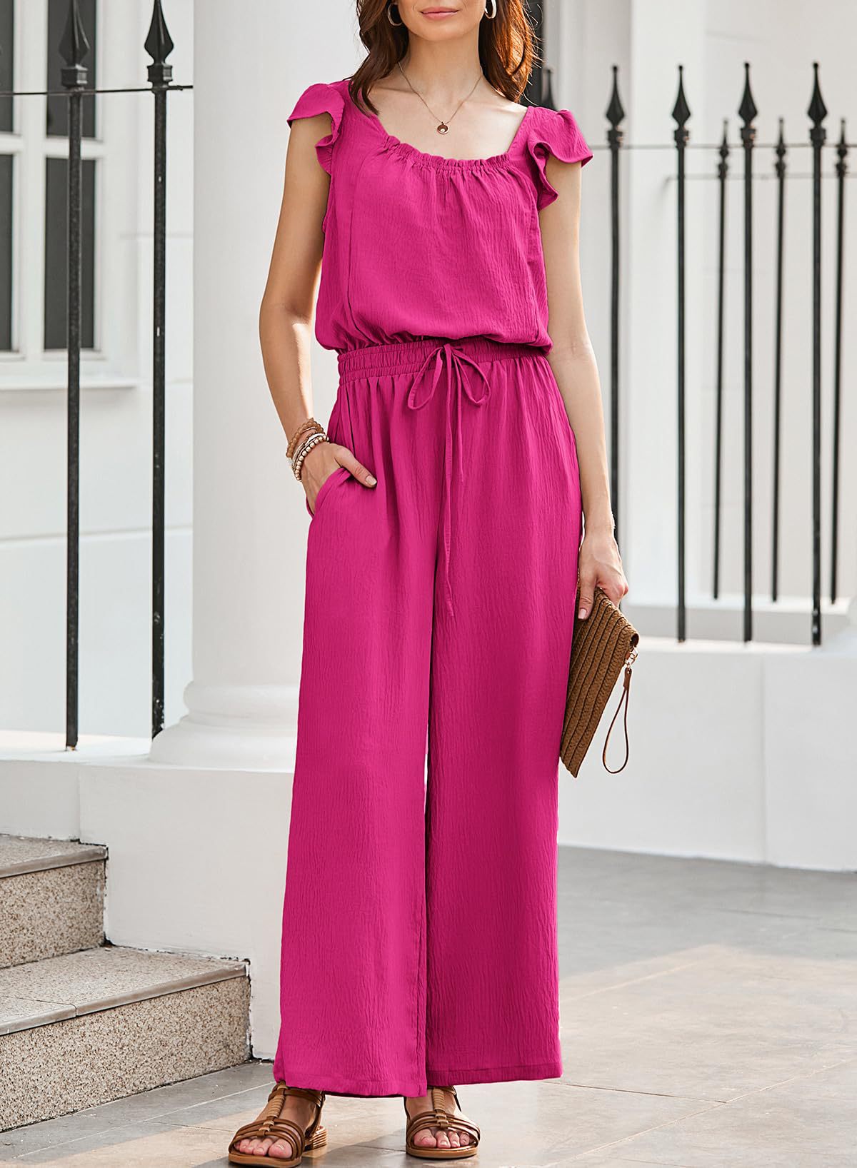 Solid-color Sleeveless Ruffle-sleeve One-piece Jumpsuit For Women
