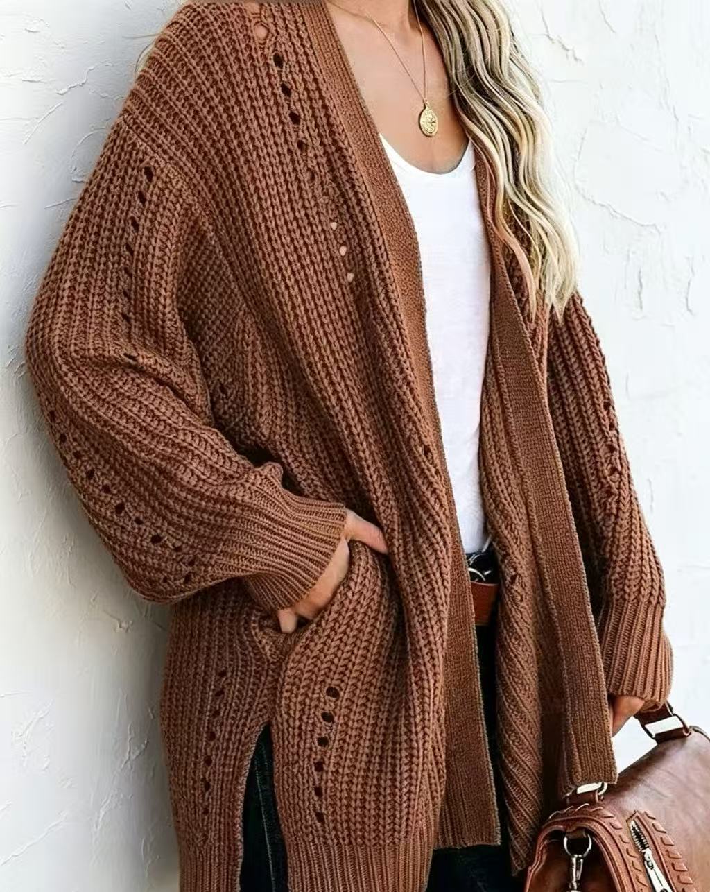 Hollow-out Womens Loose-fitting Laid-back Style Coat Sweater