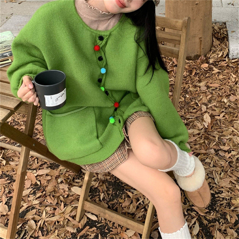 Women's Retro Solid Color Wool Ball Knitted Cardigan
