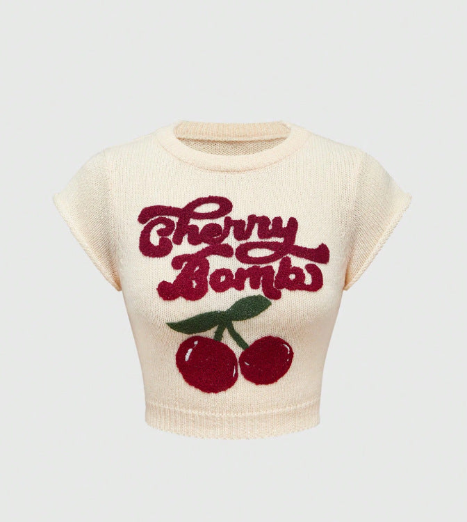 Cherry Knitted Sweater Crew Neck, Loose-fit Top