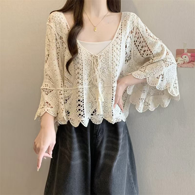 Bohemian Resort-style Crochet Hollow-out Knit Top Womens Solid-color Blouse