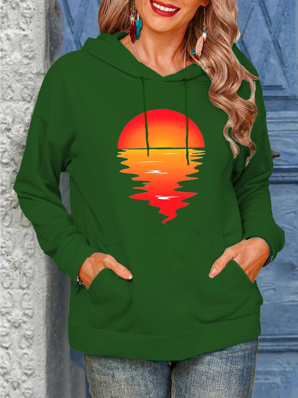 Women's Sun Print Drawstring Casual Hoodie
