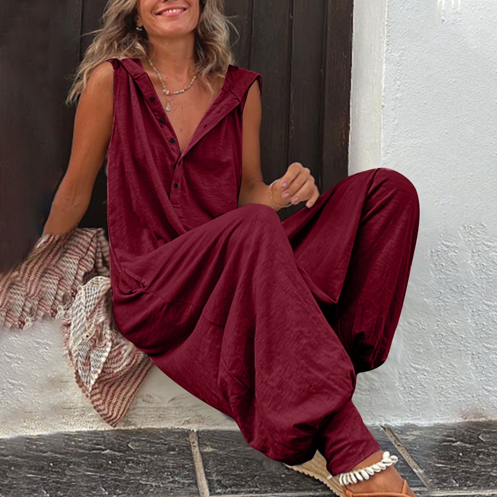 Buttoned Hooded Sleeveless Pants For Women