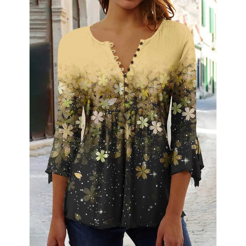Women's Digital Printing V-neck Long-t-shirt