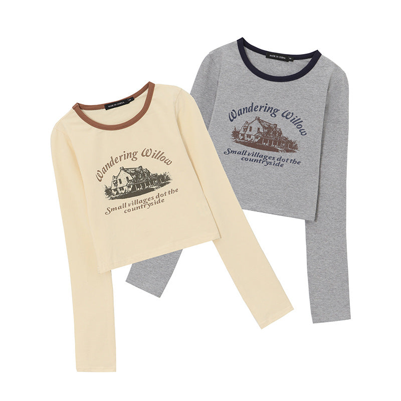 Retro Letter Print Slim Long Sleeve Cotton Bottoming Shirt
