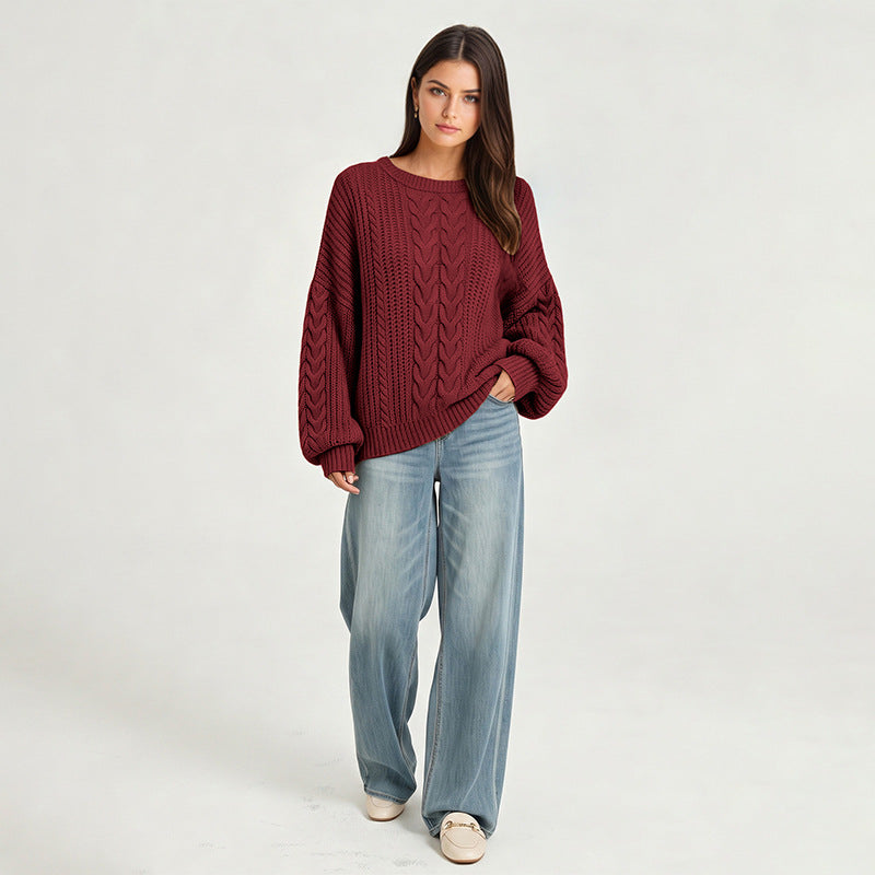 Womens Fallwinter New Arrival Solid-color Crew-neck Pullover Sweater