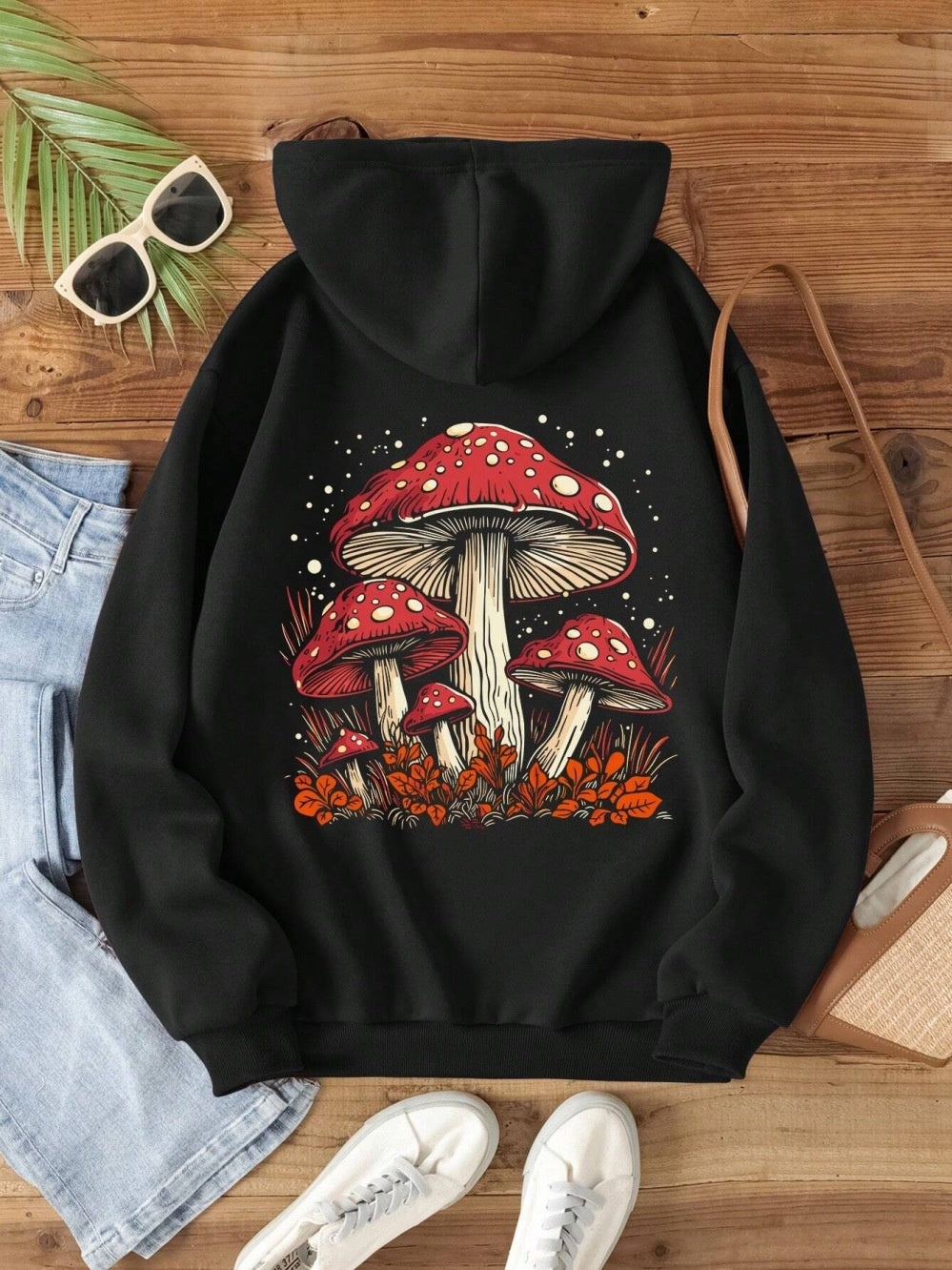 Women's Mushroom Print Velvet Hoodie Streetwear Sweatshirt