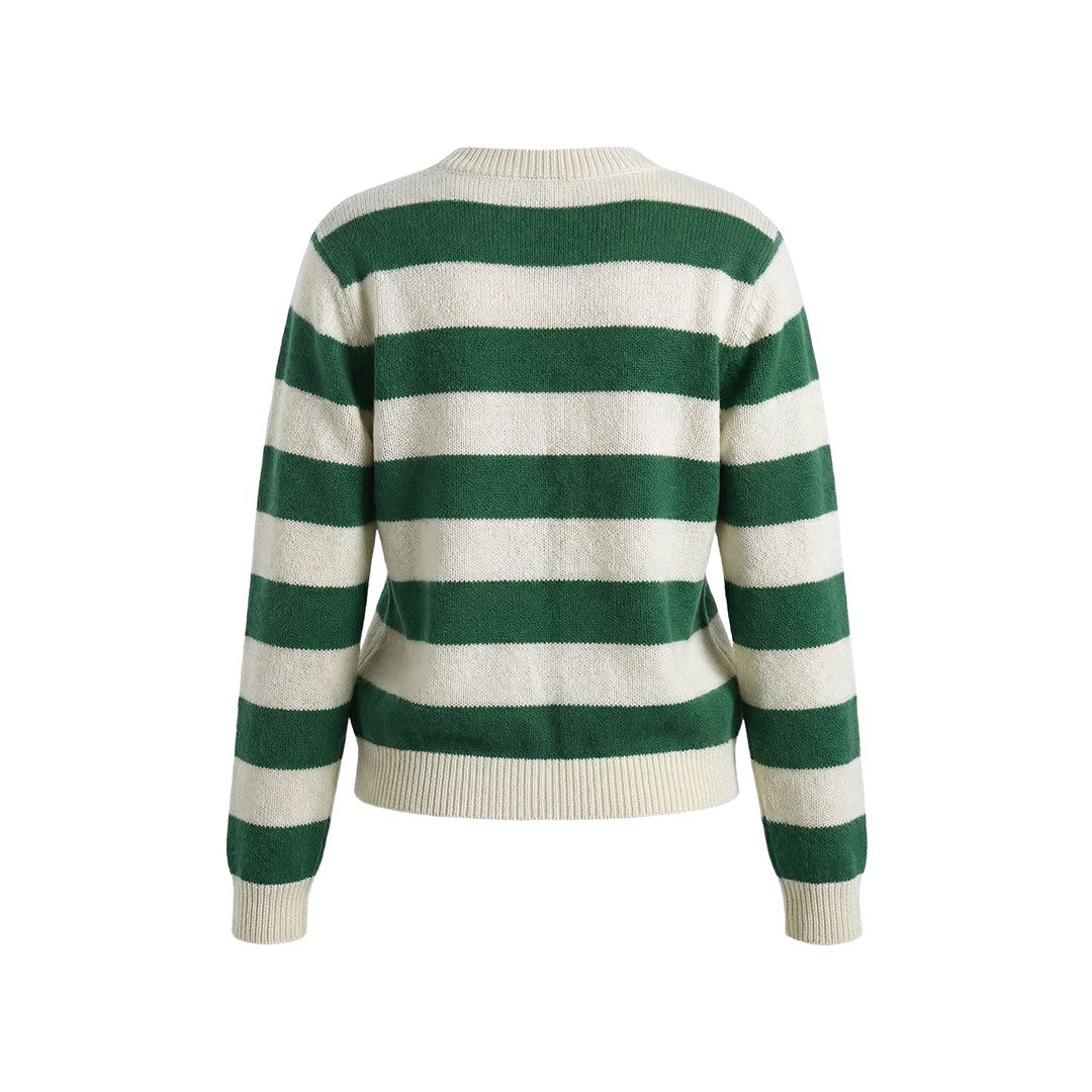 Women's Striped Knit Cardigan Green White Crewneck Button Up Sweater Casual Long Sleeve Knitwear