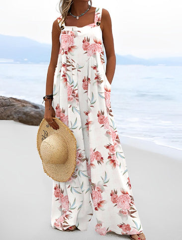 Chic Digital Print Button Romper with Wide Legs