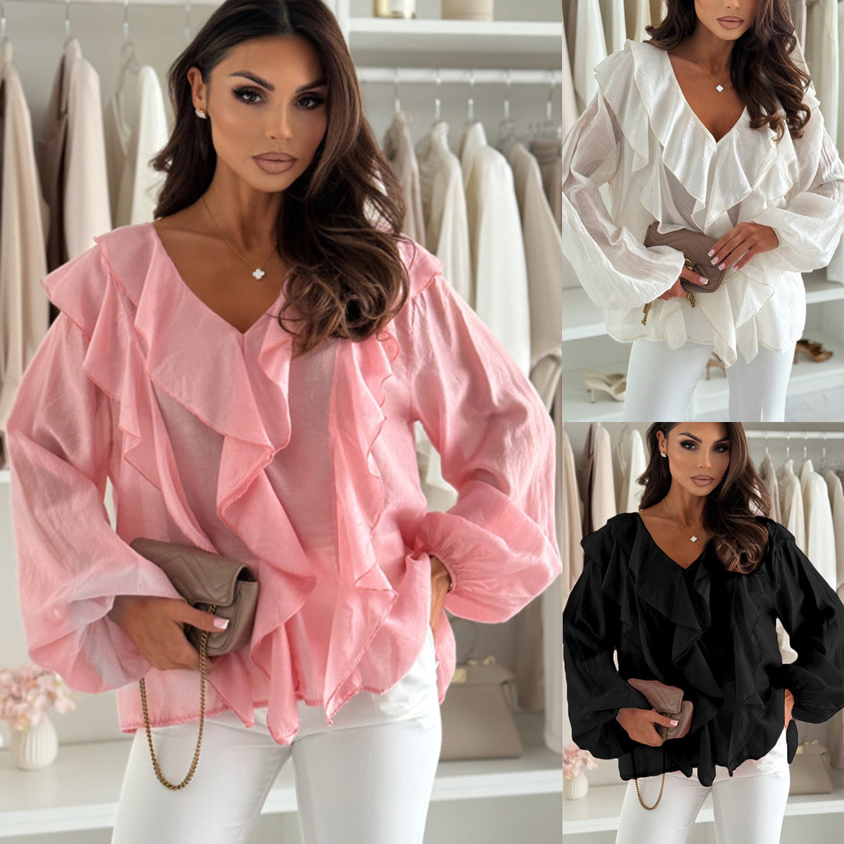 Elegant V‑Neck Ruffle Puff‑Sleeve Long‑Sleeve Top