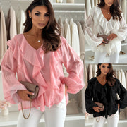Elegant V‑Neck Ruffle Puff‑Sleeve Long‑Sleeve Top
