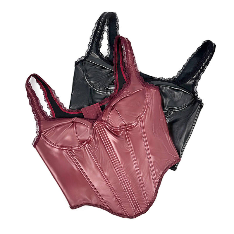 Black Leather Lace Sling Top – Street‑Hip, Medium‑Elastic Comfort