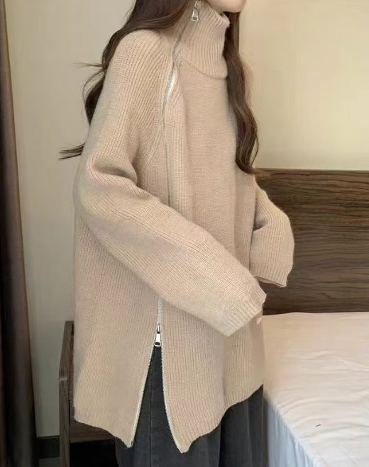 Loose, Mid-length Effortless-style Knitted Sweater for Women with Side Zipper and Lapel Design