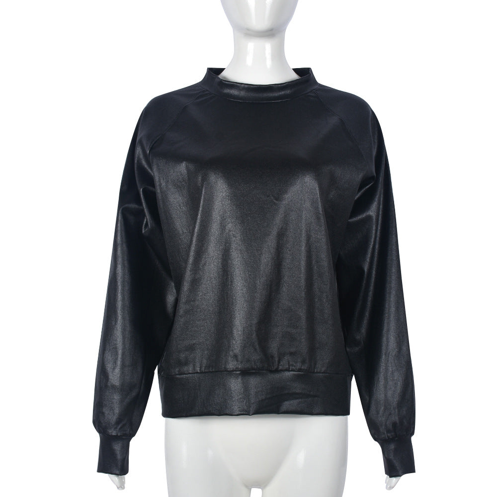 Faux Leather Long Sleeve Round Neck Top