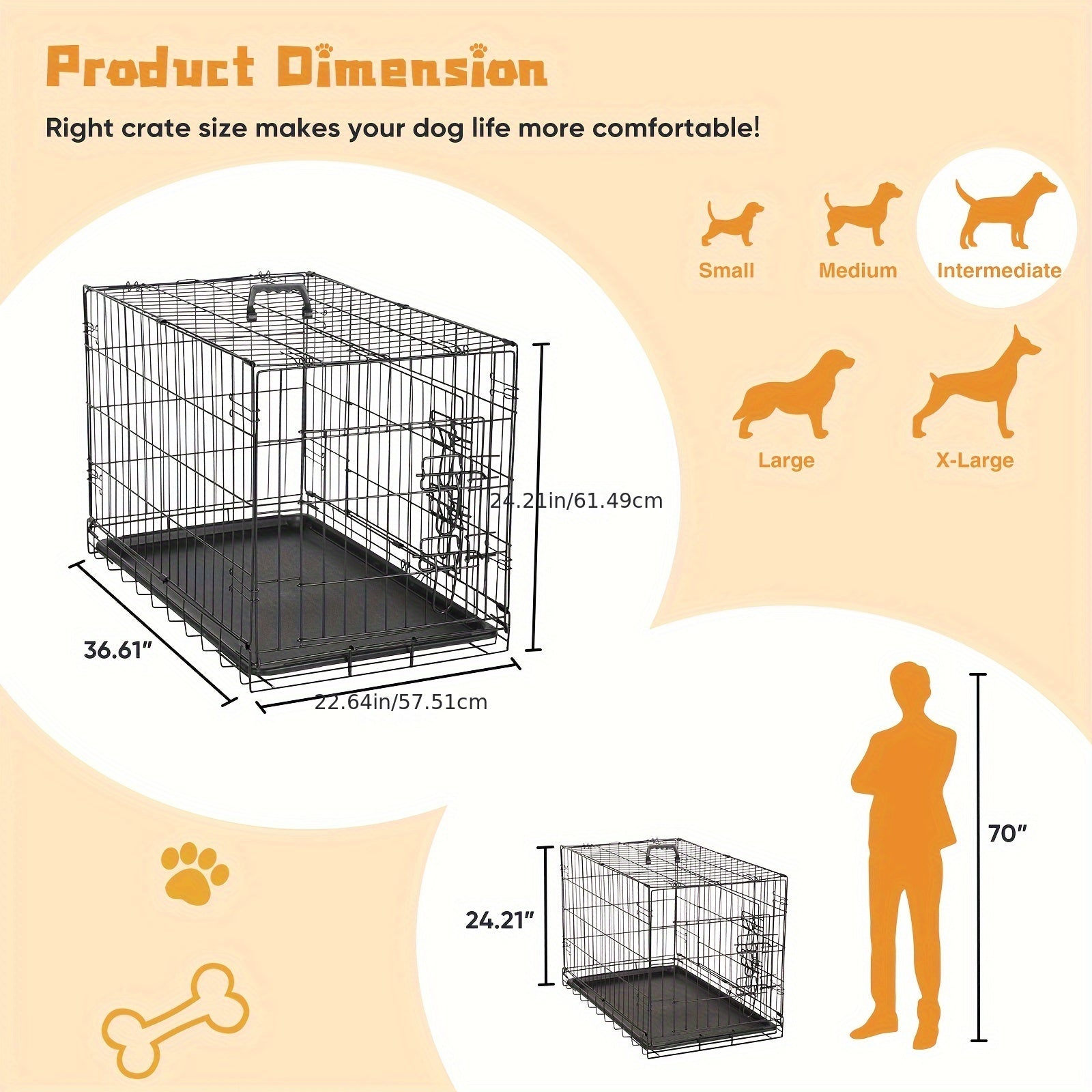 Dumos 36 Inch Dog Cage Reversible Double Sided Door, Sturdy Latch With Divider Panel And Plastic Leak-proof Pan Tray, Foldable Easy To Carry, Portable Handel Rounded Corners For Safety