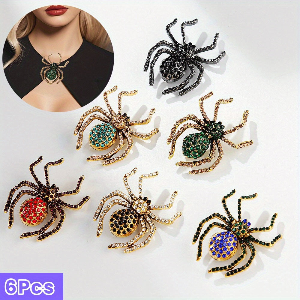 Set of 6 Gothic Spider Brooches with Sparkling Rhinestones – Multi‑Color Lapel Pins