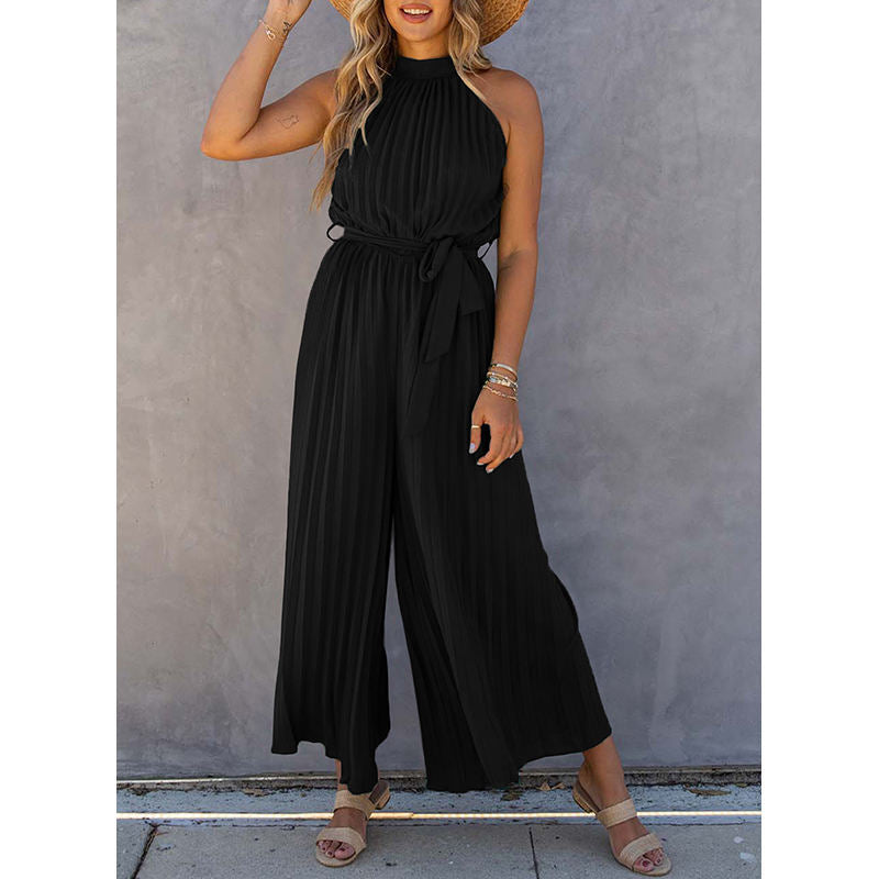 Off-Shoulder Halter Pleated Jumpsuit