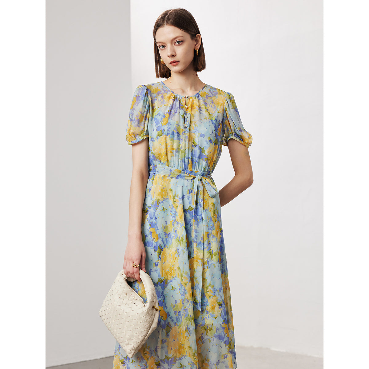 Floral Ladylike Waist-cinching Long Dress