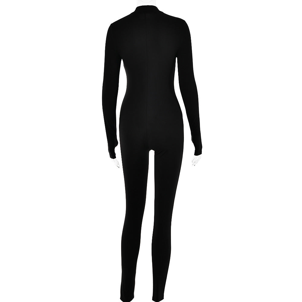 Women's Long-Sleeve Zip-Up High-Waist Jumpsuit