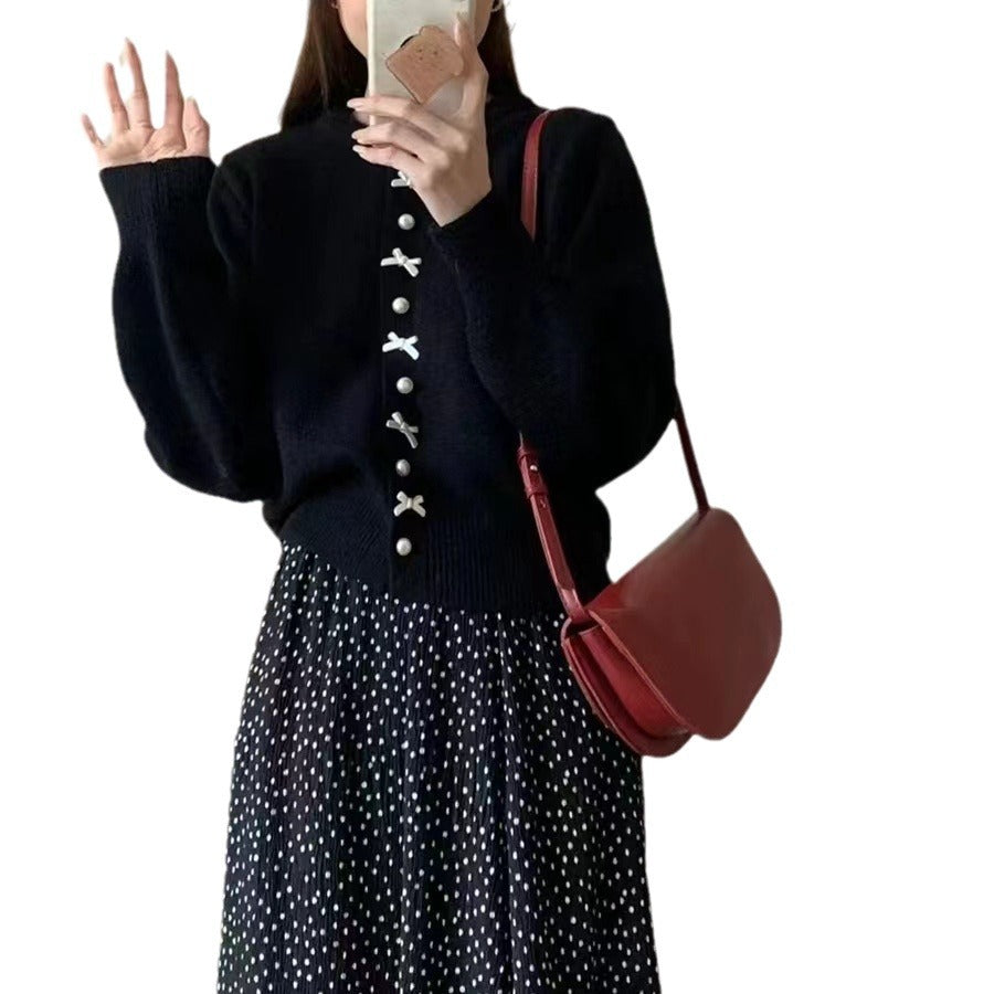 Women's Solid Color Spring and Autumn Bow Pearl Button Sweater