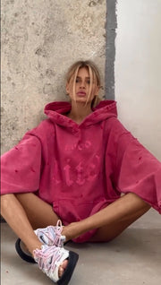 Washed Distressed Streetwear Hoodie for Women