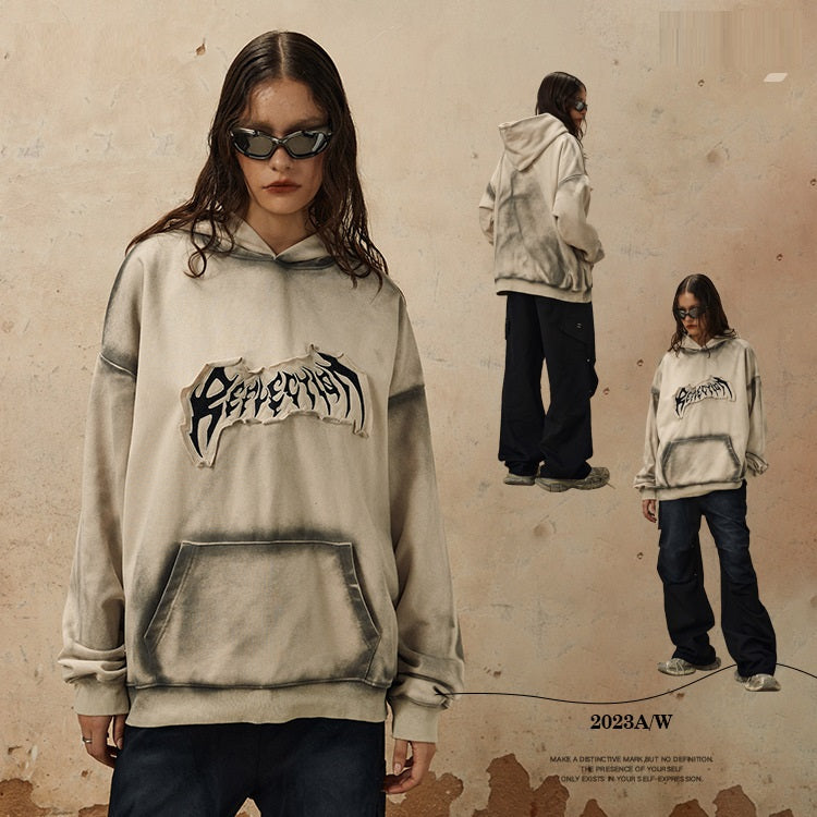 Embroidered Frayed Hem Loose Hoodie