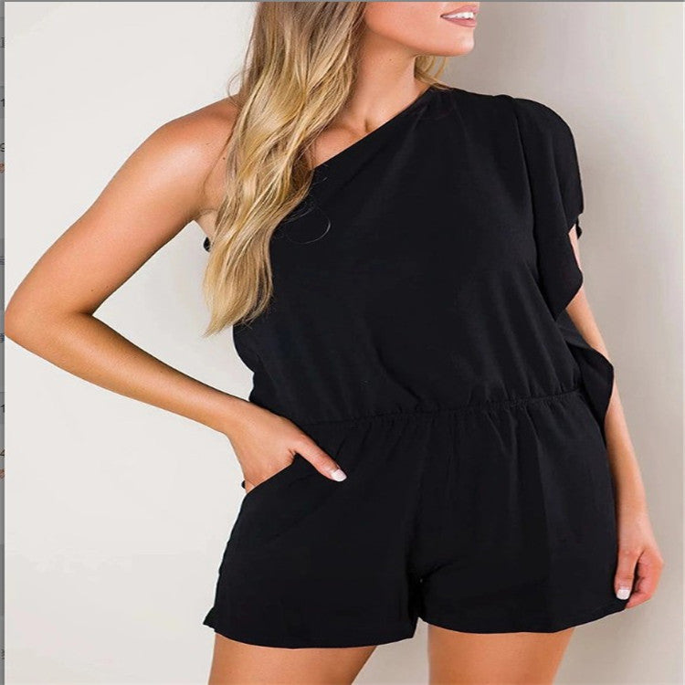 Chic One-Shoulder Solid Color Romper Shorts