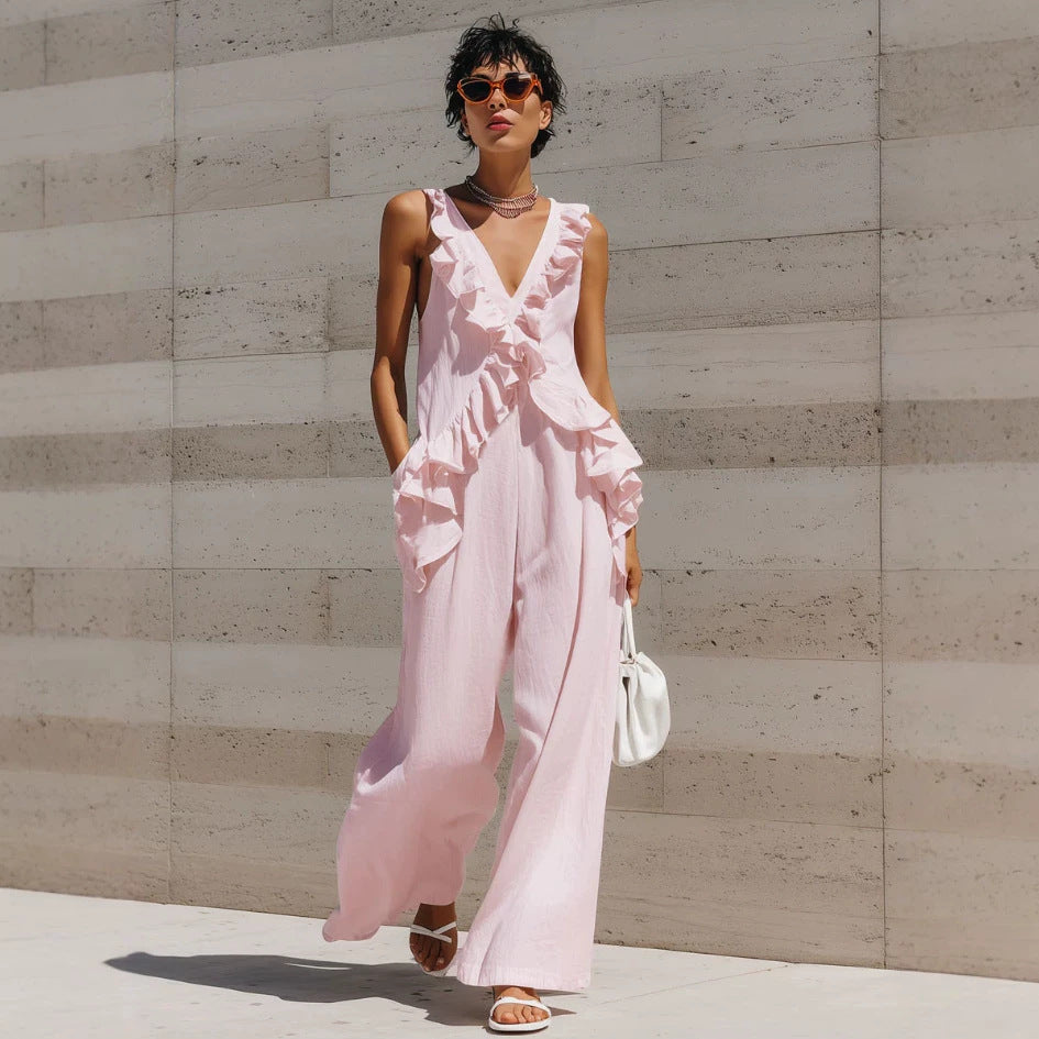 Casual V-Neck Ruffle Resort Jumpsuit