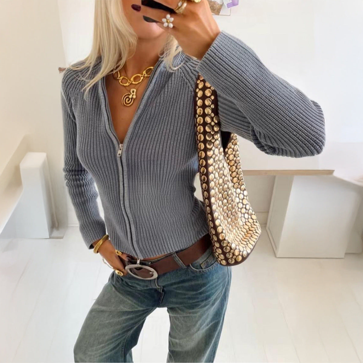 Textured Knit Streetwear Sweater with a Unique Zipper Detail